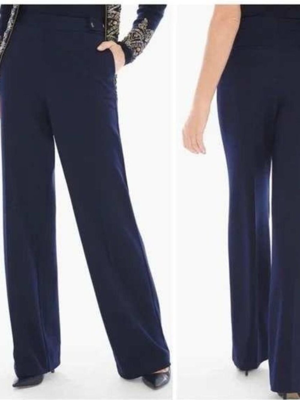 Chico's The Ultimate Fit Navy Twill Knit Pants With Gold Snap Tabs 1 (8)